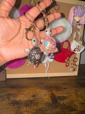 Rhinestone Turtle Keychain Duo - Black & Pink Multicolor